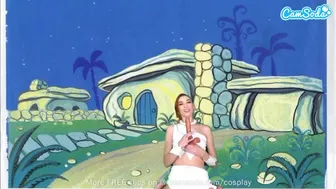 Χαριτωμένο έφηβος wilma πυριτόλιθο σε cosplay αυνανισμό και πιπιλίζουν το τεράστιο δοχείο